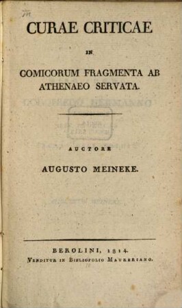 Curae Criticae in Comicorum fragmenta ab Athenaeo servata