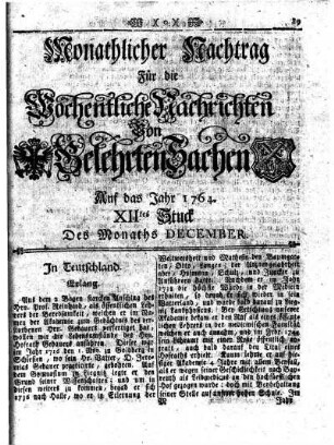 Monathlicher Nachtrag [...] Auf das Jahr 1764. XIItes Stuck Des Monaths December