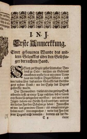 39-56, I. N. J. Erste Anmerkkung. Einer gehauenen Wunde des mittlern Gelenkkes über den Goldfinger der rechten Hand. Andere Anmerkkung. Einer gehauenen Wunde an der linken Seiten des Haubts. Dritte Anmerkkung. Einer gehauenen Wunden / über das linkke Schulterblatt.