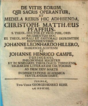 De vitiis eorum, qui sacris operantur, et medela rebus hic adhibenda