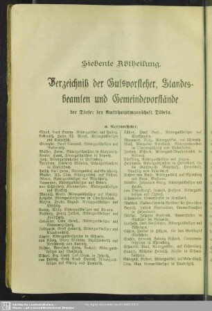 Siebente Abtheilung. Verzeichnis der Gutsvorsteher, Standesbeamten und Gemeindevorstände der Dörfer der Amtshauptmannschaft Döbeln