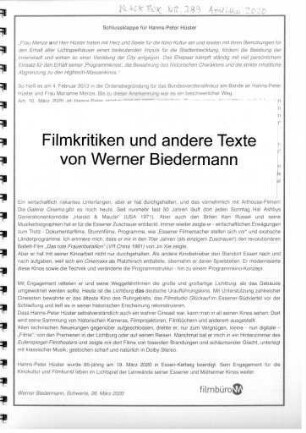 Mappe mit Filmkritiken und anderen Texten von Werner Biedermann