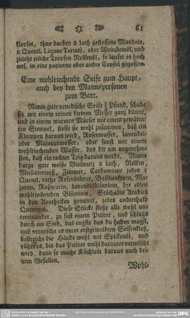 Eine wohlriechende Seife zum Haupt, auch bey den Mannspersonen zum Bart