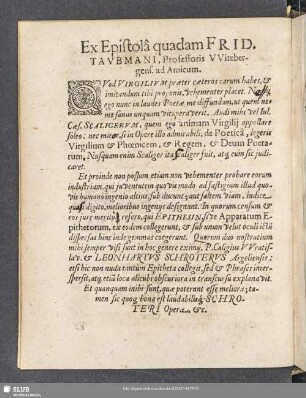 Ex Epistola quadam Frid. Taubmani, Professoris Witebergens. ad Amicum
