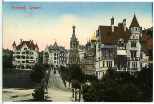 Karlsbad. Westend mit Russischer Kirche (1897) : Karlsbad. Westend mit Villa Ritter (1897), Evangel. Hospiz (1897-1899) und Westendstraße mit Russisch-Orthodoxer Kirche Sankt Peter und Paul (1893-1897; Gustav Wiedermann)
