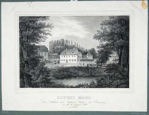 Tharandt, Anischt von Cottas Haus, im Vordergrund die Wilde Weißeritz und im Hintergrund die Burgruine