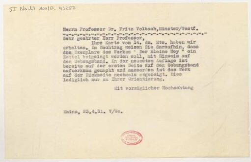 Brief an Fritz Volbach : 23.04.1931
