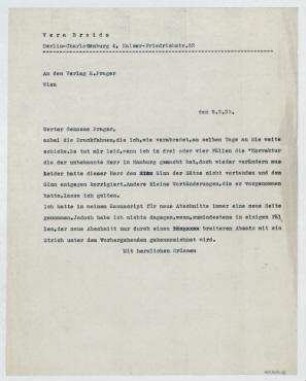 Brief von Vera Broido an E. Prager-Verlag / E. Prager. Berlin