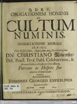 Obligatio hominis ad cultum numinis : dissertatione morali exposita