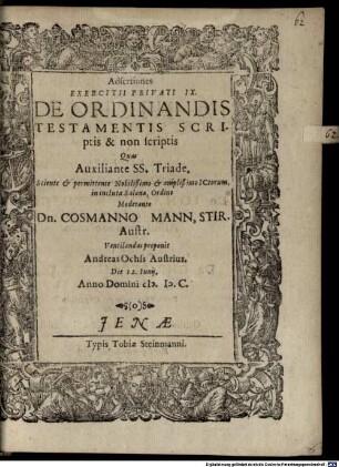 Adsertiones exercitii privati IX. de ordinandis testamentis scriptis et non scriptis