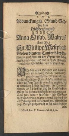 Abdanckung u. Stand-Rede Bey dem Leichbegängniß Frauen Anna Elisab. Walterin[n] Des Hn. Philipp Westphals ... Eheliebsten/ am 18. August. 1686.