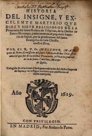 Historia del insigne ... Martyrio ... Religiosos ... de la Ord. de S. Domingo