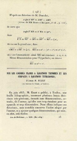 Sur les courbes planes a équations trinomes et les surfaces a équations tétranomes.