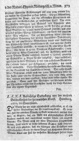 Aufrichtige Entdeckung von der wahren Beschaffenheit der hermetischen Kunst.