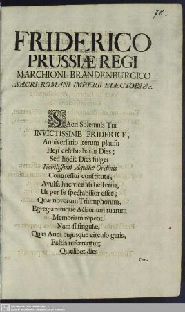 Friderico, Prussiae regi Marchioni Brandenburgico Sacri Romani Imperii electori : [Die 19. Januarii Anno 1703]