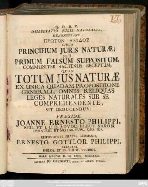 Dissertatio Juris Naturalis, Demonstrans Prōton Pseudos Circa Principium Juris Naturæ; Seu Primum Falsum Suppositum, Communiter Hactenus Receptum, Quasi Totum Jus Naturæ Ex Unica Quadam Propositione Generali, Omnes Reliquas Leges Naturales Sub Se Comprehendente, Sit Deducendum