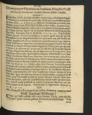 XVIII. Utrum propter Vocationem traditam Minister Verbi iuxta possit Senatus aut vocantis Patroni Nobilis Minister vocitari?