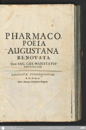 Pharmacopoeia [Pharmacopoea] Augustana renovata