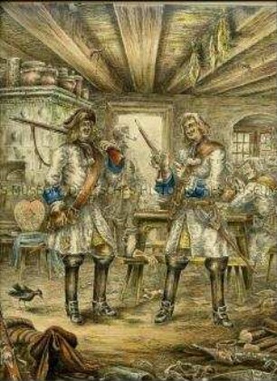 Uniformdarstellung, Dragoner des Anspachischen Dragoner-Regiments, Preußen, 1689, Tafel 4 aus: Wühlisch: Dragoner-Bilder.