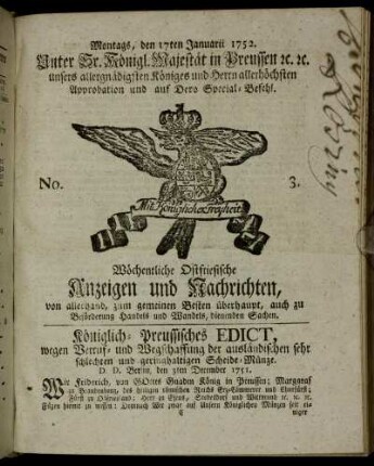 No. 3. Montags, den 17ten Januarii 1752.