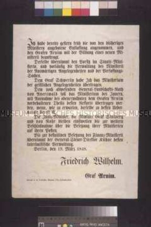 Maueranschlag: Ordre von König Friedrich Wilhelm IV. betr. Ernennung des Ministeriums Arnim-Boitzenburg; Berlin, 19. März 1848