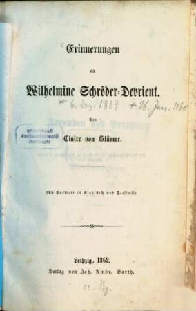 Erinnerungen an Wilhelmine Schröder-Devrient