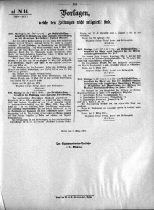 Anlage: ad No. 14 (240-243), Vorlagen, welche den Zeitungen nicht mitgeteilt sind