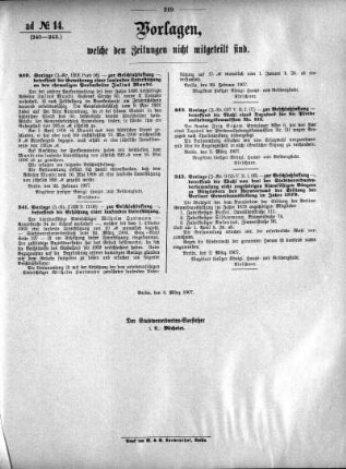 Anlage: ad No. 14 (240-243), Vorlagen, welche den Zeitungen nicht mitgeteilt sind
