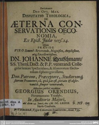 Disputatio theologica de aeterna conservationis oeconomia ex epist. Judae vers. 24