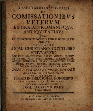 Dissertatio Inavgvralis De Comissationibvs Vetervm : Ex Graecis Romanisqve Antiqvitatibvs