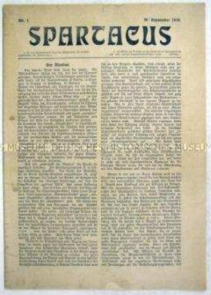 Erste Nummer des Mitteilungsblattes des Spartakus-Bundes ("Spartakus-Brief") u.a. zur Verurteilung von Karl Liebknecht