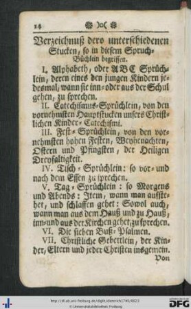 Verzeichnuß dero unterschiedenen Stucken, so in diesem Spruch-Büchlein begriffen.