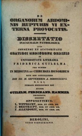 De organorum abdominis rupturis vi externa provocatis : dissertatio inauguralis pathologica