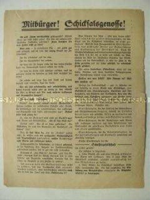 Propagandaflugblatt der Schaffergesellschaft mit der Auf- forderung zum Kampf gegen Inflation und Arbeitslosigkeit
