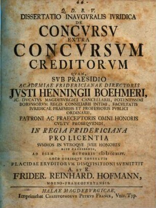 Dissertatio Inavgvralis Ivridica De Concvrsv Extra Concvrsvm Creditorvm