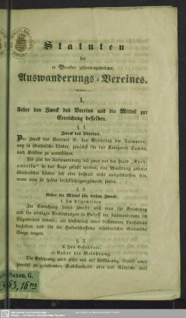 Statuten des in Dresden zusammengetretenen Auswanderungs-Vereines