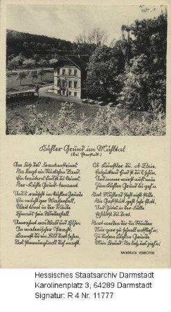 Mühltal bei Darmstadt-Eberstadt, Gasthaus 'Kühler Grund' an der Modau / Außenansicht mit Gedichttext