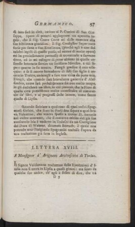 Lettera XVIII. A Monsignor d'Arignano Arcivescovo di Torino