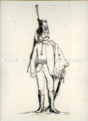 Uniformdarstellung, Offizier der Husaren mit Flügelmütze, Preußen, um 1786. Probedruck aus Menzel: Die Armee Friedrich's des Großen.