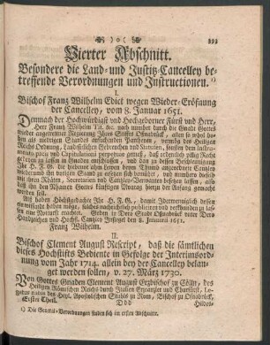 Vierter Abschnitt. Besondere die Land- und Justitz-Cancelley betreffende Verordnungen und Instructionen