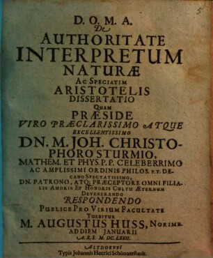 De Authoritate Interpretum Naturae Ac Speciatim Aristotelis Dissertatio