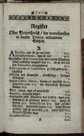 Register Oder Verzeichnüß, der vornehmsten in diesem Tractat enthaltenen Sachen.