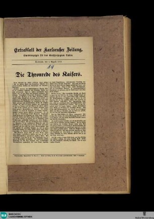 Karlsruher Zeitung, Extrablatt, Die Thronrede des Kaisers