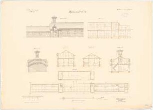 Kavallerie Kasernement, Danzig-Langfuhr Pferdeställe: Grundrisse 1:200, Querschnitte, Längsschnitt, Giebel- und Vorderansicht 1:100