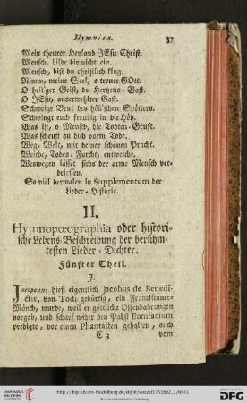 II. Hymnopoeographia oder historische Lebens-Beschreibung der berühmtesten Lieder-Dichter. Fünfter Theil