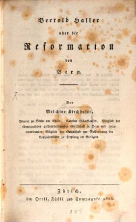 Bertold Haller oder die Reformation von Bern