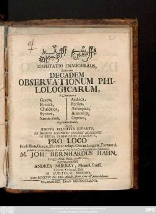 Disputatio Inauguralis, Exhibens Decadem Observationum Philologicarum, è Literatura Græca, Ebraica, Chaldaica, Syriaca, Samaritana, Arabica, Persica, Æthiopica, Armenica, Coptica, depromptarum