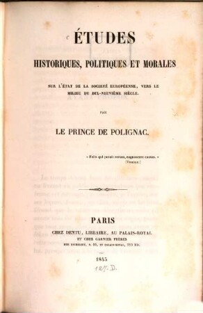 Etudes historiques, politiques et morales sur létat de la société européenne, vers le milieu du dixneuvième siècle