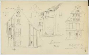Wohnhaus Mönchstraße, Stralsund. Wohnhaus Heilige Geiststraße, Stralsund: Schnitt, Details Mönchstraße, Ansicht Heilige Geiststraße (aus: Skizzen- und Fotoalbum 17)