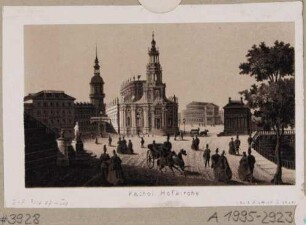 Die Katholische Hofkirche in Dresden, Blick über den Schlossplatz nach Südwesten, mit dem Residenzschloss und dem 1. Bau der Semperoper, 1869 abgebrannt